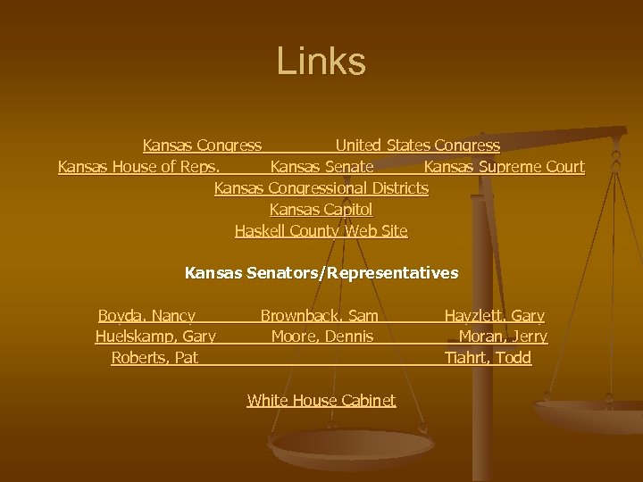Links Kansas Congress United States Congress Kansas House of Reps. Kansas Senate Kansas Supreme