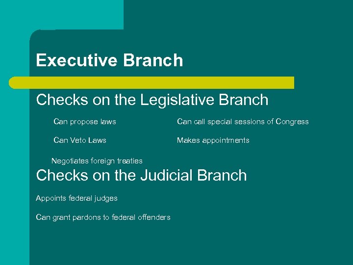 Executive Branch Checks on the Legislative Branch Can propose laws Can call special sessions
