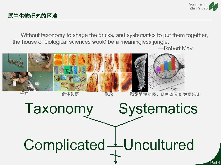 Seminar in Zhan’s Lab 原生生物研究的困难 Without taxonomy to shape the bricks, and systematics to