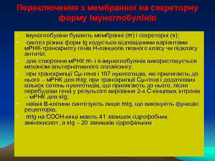 Переключення з мембранної на секреторну форму імуноглобулінів • • • імуноглобуліни бувають мембранні (m)
