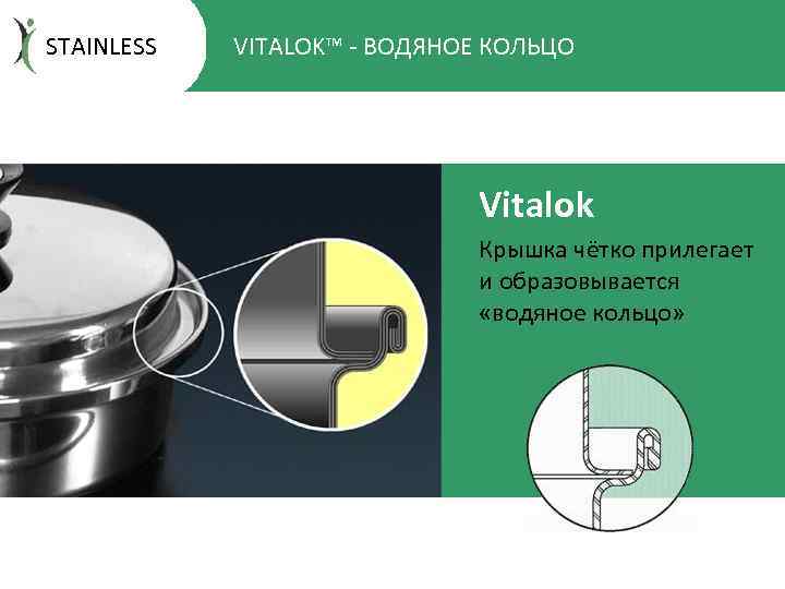 STAINLESS VITALOK™ - ВОДЯНОЕ КОЛЬЦО Vitalok Крышка чётко прилегает и образовывается «водяное кольцо» 