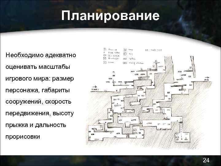 Планирование Необходимо адекватно оценивать масштабы игрового мира: размер персонажа, габариты сооружений, скорость передвижения, высоту