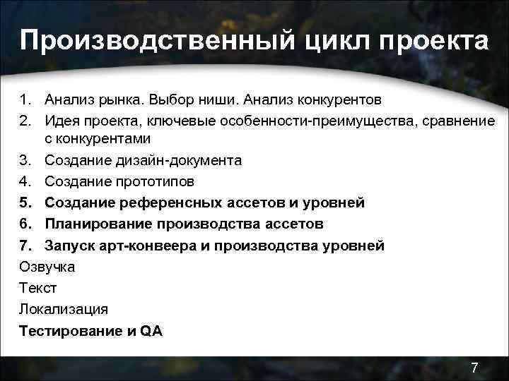 Производственный цикл проекта 1. Анализ рынка. Выбор ниши. Анализ конкурентов 2. Идея проекта, ключевые