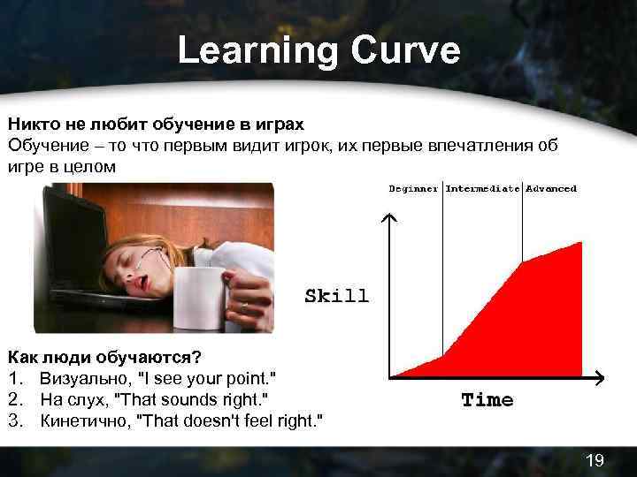 Learning Curve Никто не любит обучение в играх Обучение – то что первым видит