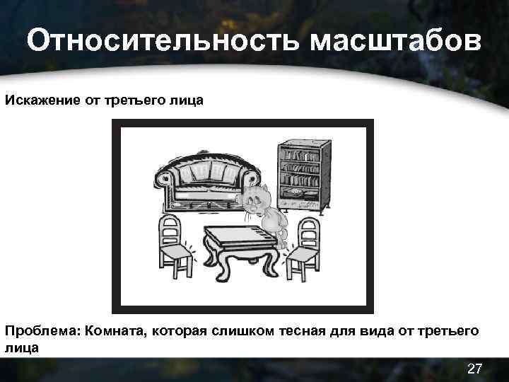 Относительность масштабов Искажение от третьего лица Проблема: Комната, которая слишком тесная для вида от