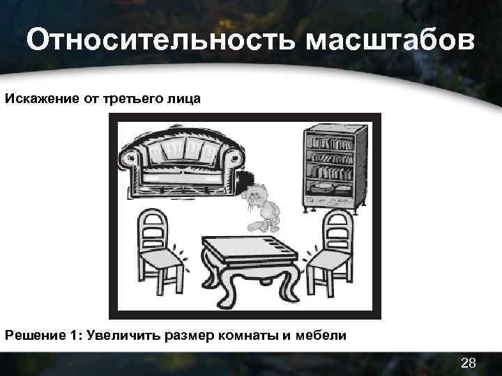 Относительность масштабов Искажение от третьего лица Решение 1: Увеличить размер комнаты и мебели 28