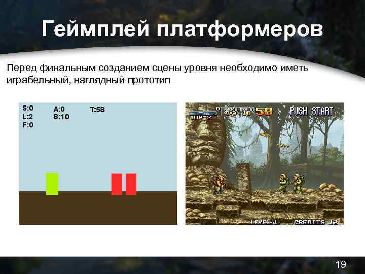 Геймплей платформеров Перед финальным созданием сцены уровня необходимо иметь играбельный, наглядный прототип 19 