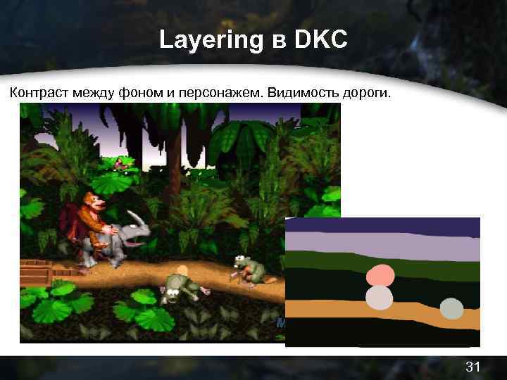 Layering в DKC Контраст между фоном и персонажем. Видимость дороги. 31 