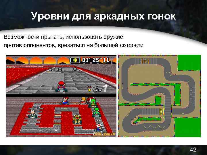 Уровни для аркадных гонок Возможности прыгать, использовать оружие против оппонентов, врезаться на большой скорости