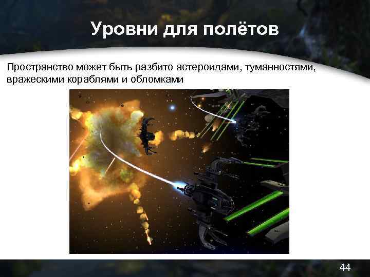 Уровни для полётов Пространство может быть разбито астероидами, туманностями, вражескими кораблями и обломками 44