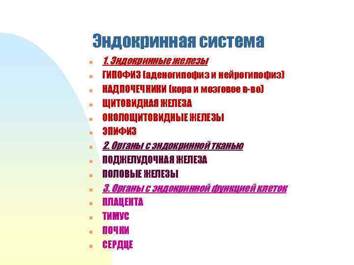 Эндокринная система n 1. Эндокринные железы n ГИПОФИЗ (аденогипофиз и нейрогипофиз) НАДПОЧЕЧНИКИ (кора и