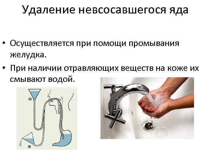 Удаление невсосавшегося яда • Осуществляется при помощи промывания желудка. • При наличии отравляющих веществ