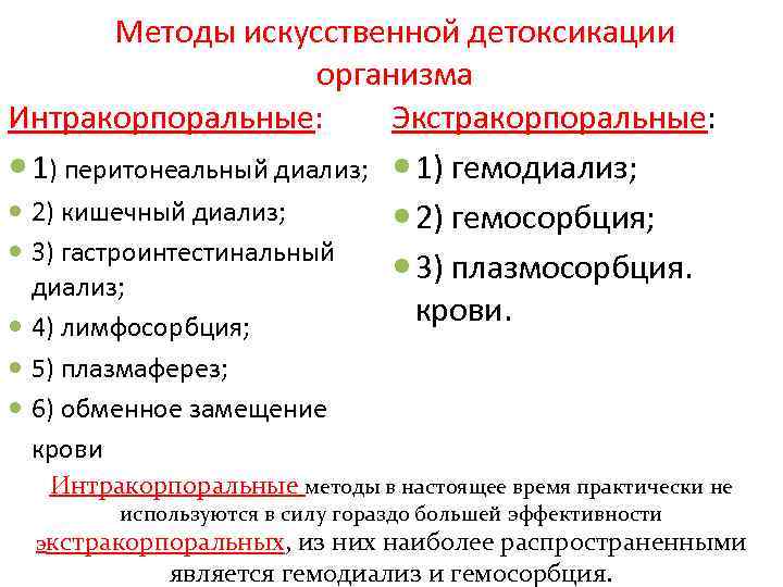 Методы искусственной детоксикации организма Экстракорпоральные: Интракорпоральные: 1) перитонеальный диализ; 1) гемодиализ; 2) кишечный диализ;
