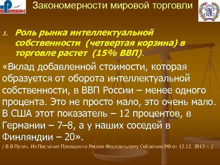 Закономерности мировой торговли 1. Роль рынка интеллектуальной собственности (четвертая корзина) в торговле растет (15%