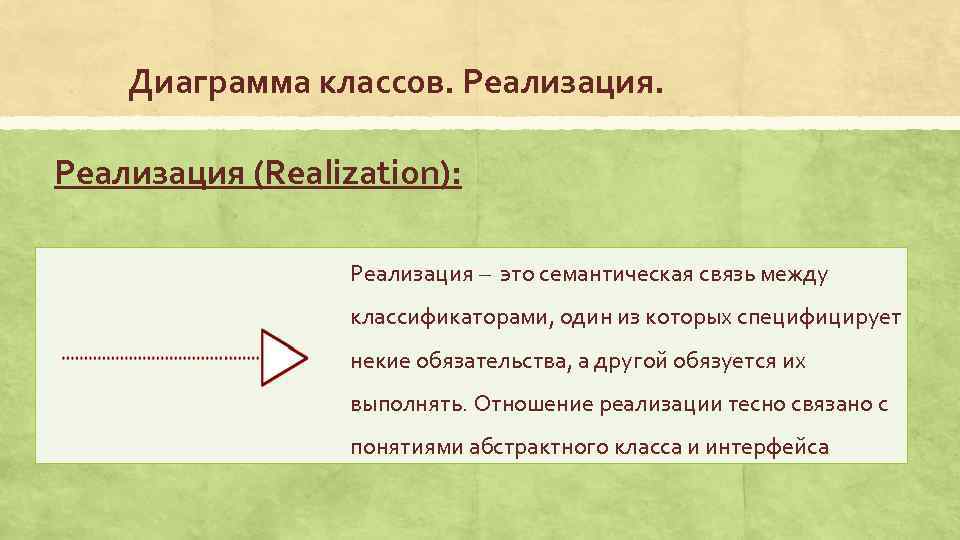 Диаграмма классов. Реализация (Realization): Реализация – это семантическая связь между классификаторами, один из которых