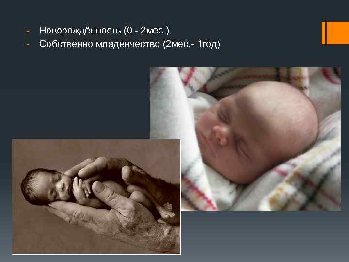 - Новорождённость (0 - 2 мес. ) - Собственно младенчество (2 мес. - 1