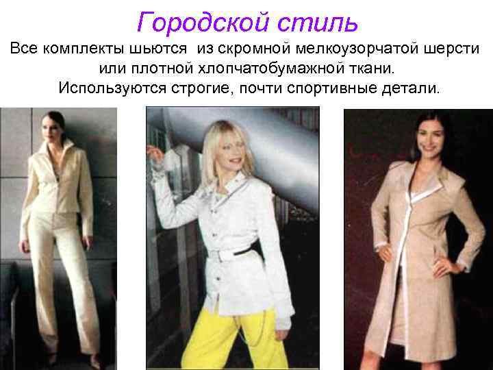 Городской стиль Все комплекты шьются из скромной мелкоузорчатой шерсти или плотной хлопчатобумажной ткани. Используются