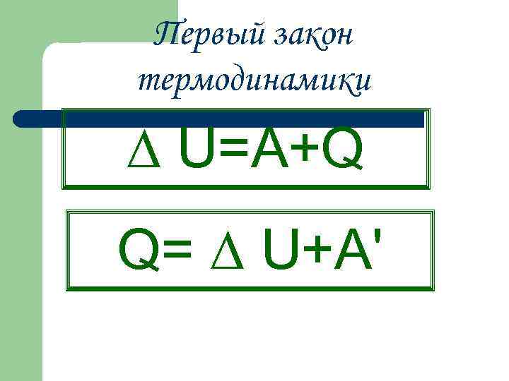 Первый закон термодинамики ∆ U=A+Q Q= ∆ U+A' 