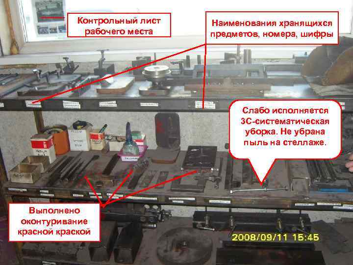 Контрольный лист рабочего места Наименования хранящихся предметов, номера, шифры Слабо исполняется 3 С-систематическая уборка.