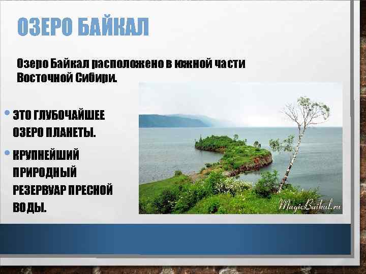 ОЗЕРО БАЙКАЛ Озеро Байкал расположено в южной части Восточной Сибири. • ЭТО ГЛУБОЧАЙШЕЕ ОЗЕРО