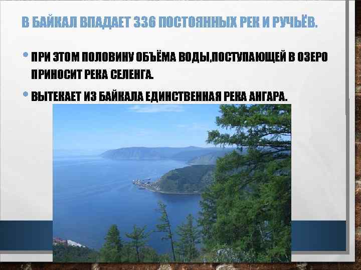 В БАЙКАЛ ВПАДАЕТ 336 ПОСТОЯННЫХ РЕК И РУЧЬЁВ. • ПРИ ЭТОМ ПОЛОВИНУ ОБЪЁМА ВОДЫ,