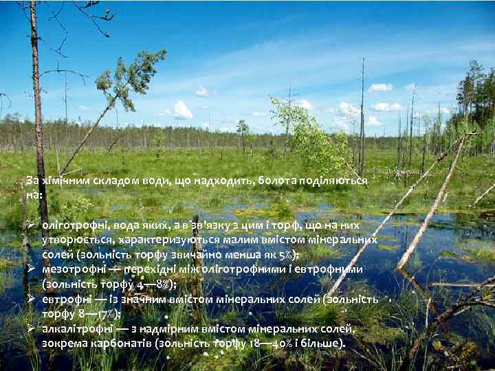 За хімічним складом води, що надходить, болота поділяються на: Ø оліготрофні, вода яких, а