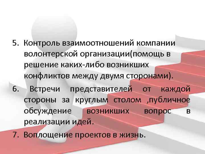 5. Контроль взаимоотношений компании волонтерской организации(помощь в решение каких-либо возникших конфликтов между двумя сторонами).