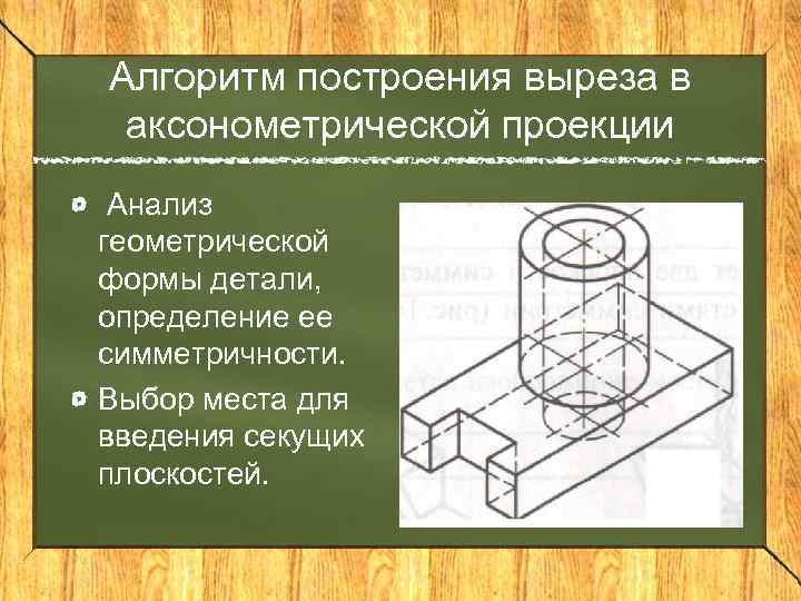 Алгоритм построения выреза в аксонометрической проекции Анализ геометрической формы детали, определение ее симметричности. Выбор