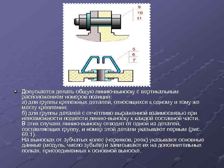 Допускается делать общую линию-выноску с веpтикальным pасположением номеpов позиций: а) для гpуппы кpепежных деталей,