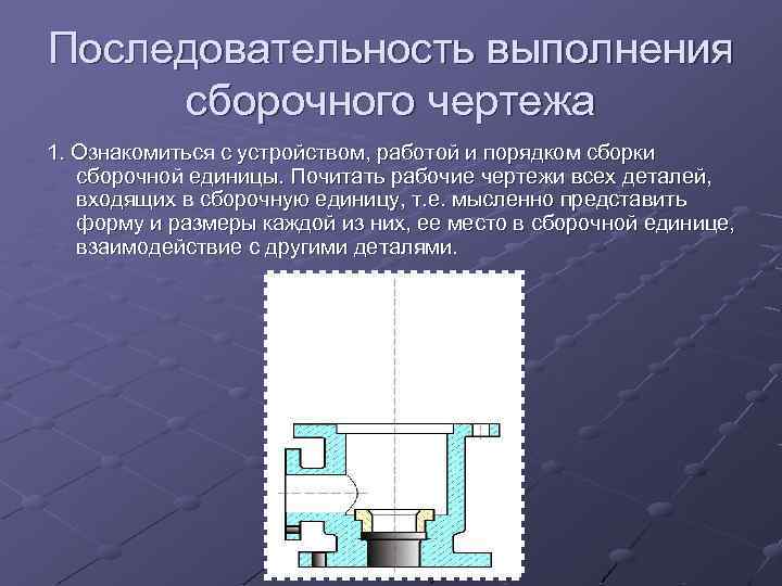 Последовательность выполнения сборочного чертежа 1. Ознакомиться с устройством, работой и порядком сборки сборочной единицы.