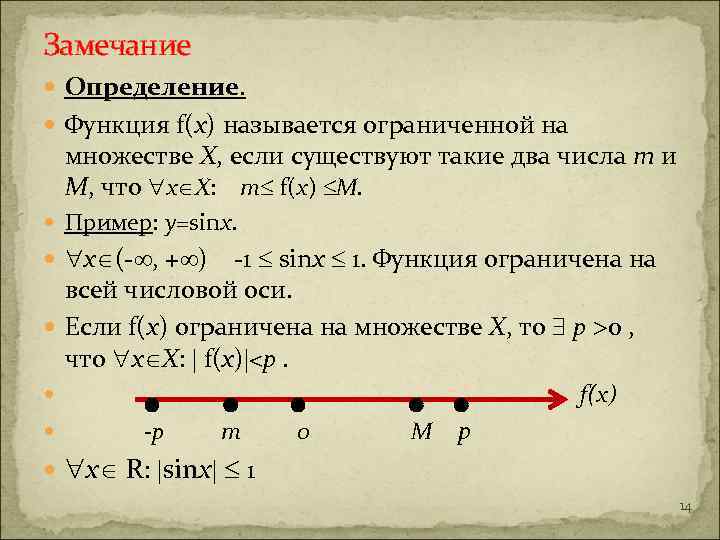 Замечание Определение. Функция f(x) называется ограниченной на множестве Х, если существуют такие два числа