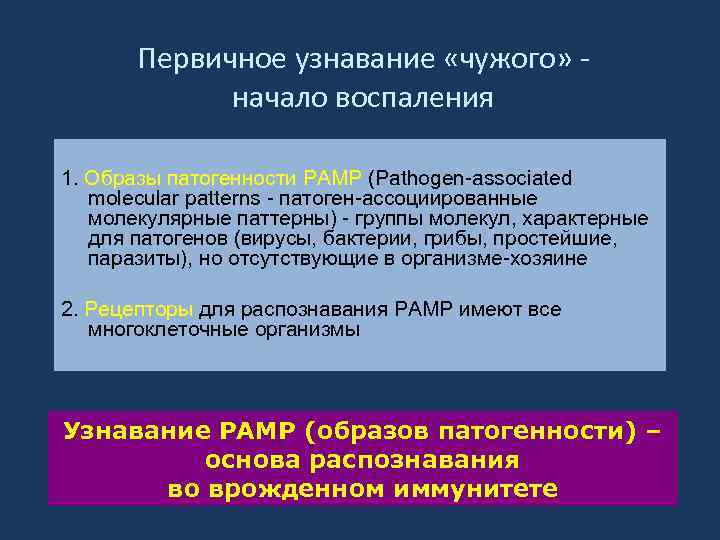 Первичное узнавание «чужого» - начало воспаления 1. Образы патогенности PAMP (Pathogen-associated molecular patterns -