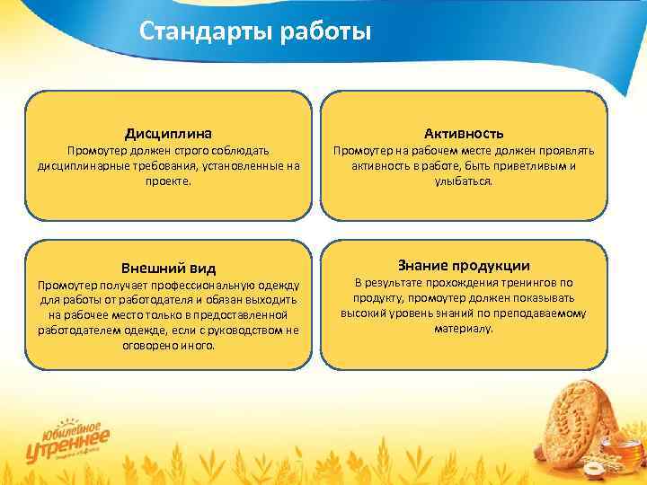 Стандарты работы Дисциплина Активность Промоутер должен строго соблюдать дисциплинарные требования, установленные на проекте. Промоутер