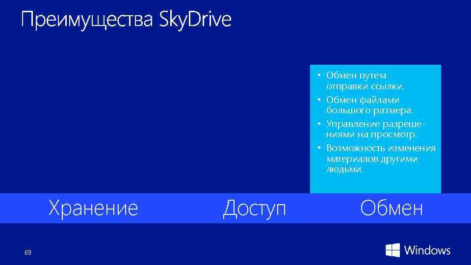  • Обмен путем отправки ссылки. • Обмен файлами большого размера. • Управление разрешениями