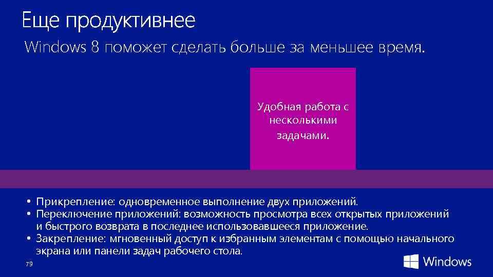 Windows 8 поможет сделать больше за меньшее время. Удобная работа с несколькими задачами. •