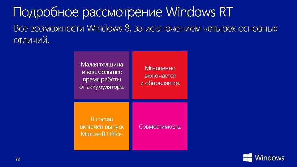 Все возможности Windows 8, за исключением четырех основных отличий. Малая толщина и вес, большее