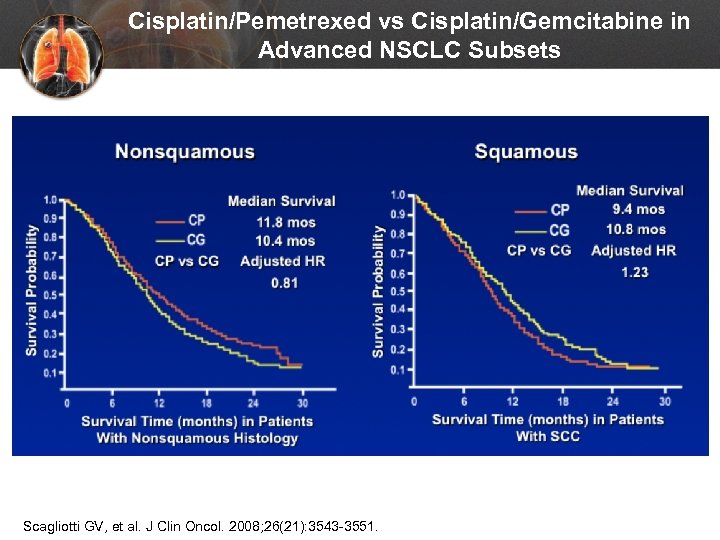 Cisplatin/Pemetrexed vs Cisplatin/Gemcitabine in Advanced NSCLC Subsets Scagliotti GV, et al. J Clin Oncol.