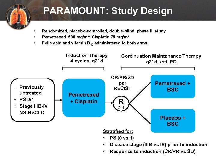 PARAMOUNT: Study Design • • • Randomized, placebo-controlled, double-blind phase III study Pemetrexed 500