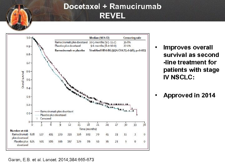 Docetaxel + Ramucirumab REVEL • Improves overall survival as second -line treatment for patients