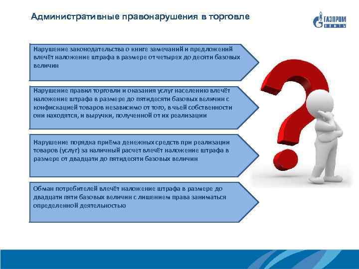  Административные правонарушения в торговле Нарушение законодательства о книге замечаний и предложений влечёт наложение
