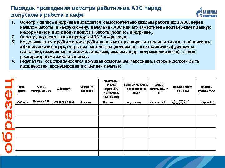 Порядок проведения осмотра работников АЗС перед допуском к работе в кафе 1. 2. 3.