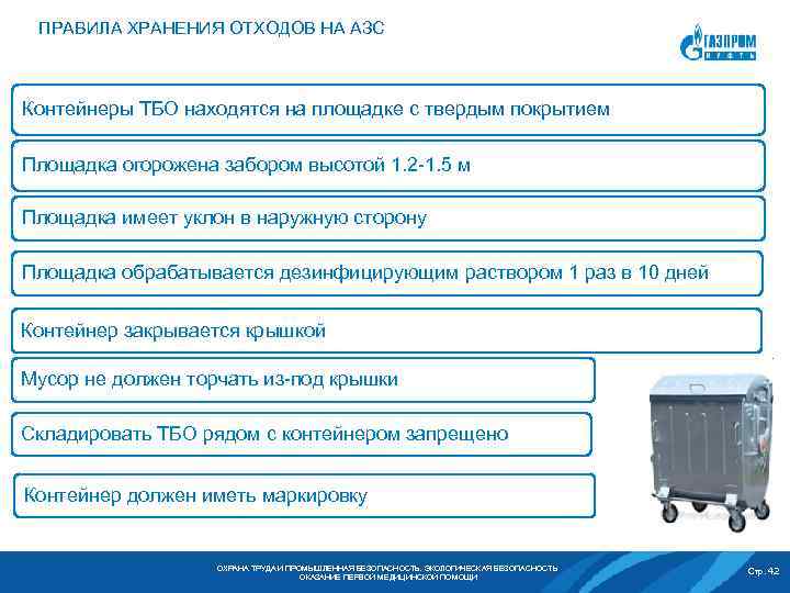 ПРАВИЛА ХРАНЕНИЯ ОТХОДОВ НА АЗС Контейнеры ТБО находятся на площадке с твердым покрытием Площадка