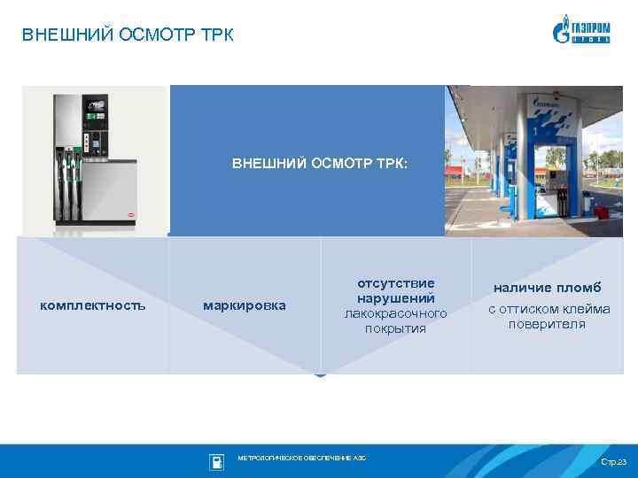 ВНЕШНИЙ ОСМОТР ТРК: комплектность маркировка отсутствие нарушений лакокрасочного покрытия МЕТРОЛОГИЧЕСКОЕ ОБЕСПЕЧЕНИЕ АЗС наличие пломб