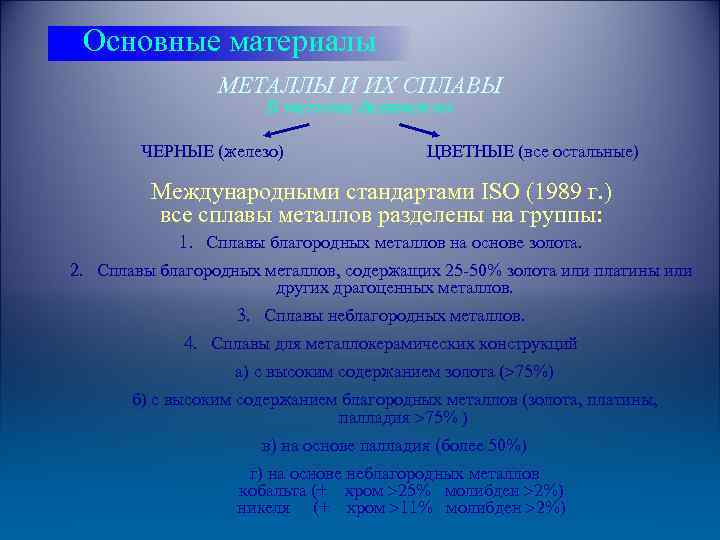 Основные материалы МЕТАЛЛЫ И ИХ СПЛАВЫ В технике делятся на ЧЕРНЫЕ (железо) ЦВЕТНЫЕ (все