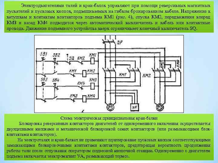  Электродвигателями талей и кран-балок управляют при помощи реверсивных магнитных пускателей и пусковых кнопок,