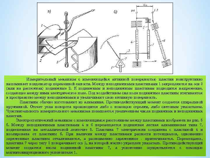 Измерительный механизм с изменяющейся активной поверхностью пластин конструктивно напоминает конденсатор переменной емкости. Между неподвижными