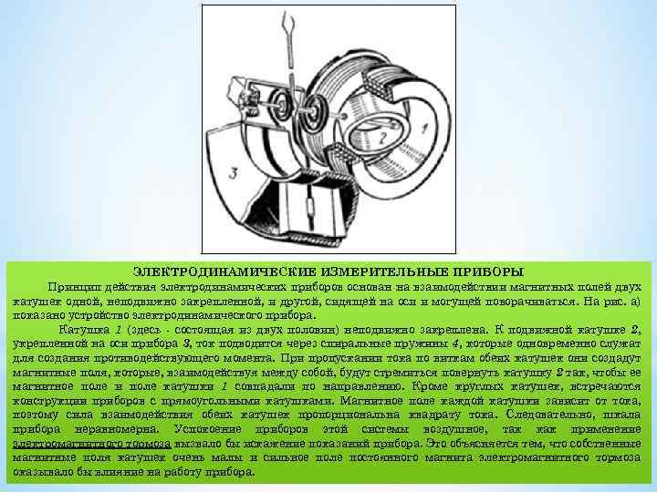ЭЛЕКТРОДИНАМИЧЕСКИЕ ИЗМЕРИТЕЛЬНЫЕ ПРИБОРЫ Принцип действия электродинамических приборов основан на взаимодействии магнитных полей двух катушек