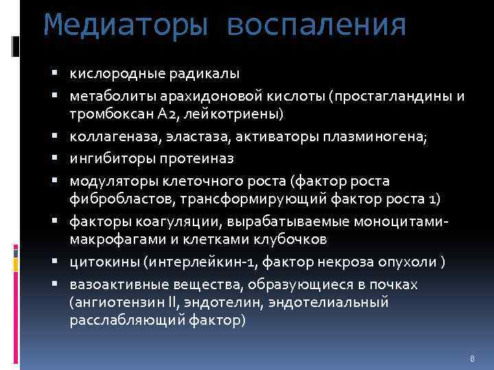 Медиаторы воспаления кислородные радикалы метаболиты арахидоновой кислоты (простагландины и тромбоксан А 2, лейкотриены) коллагеназа,