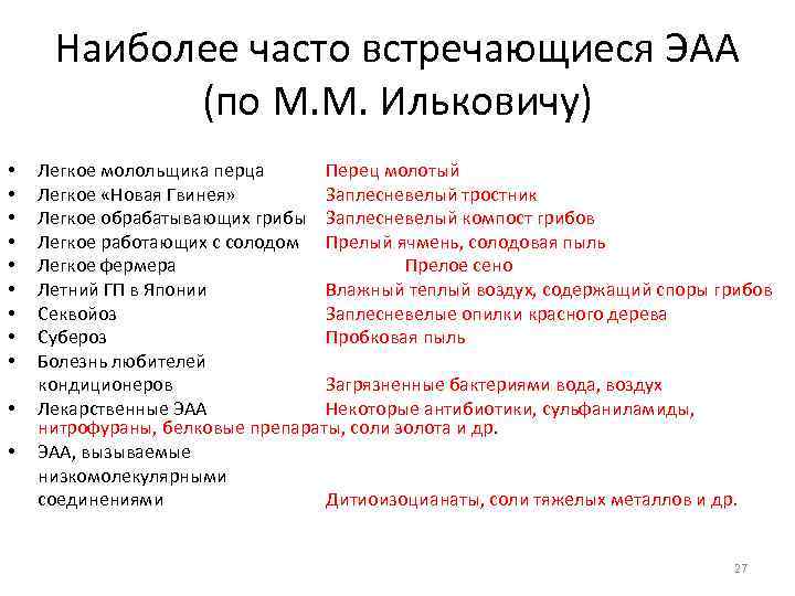 Наиболее часто встречающиеся ЭАА (по М. М. Ильковичу) • • • Легкое молольщика перца