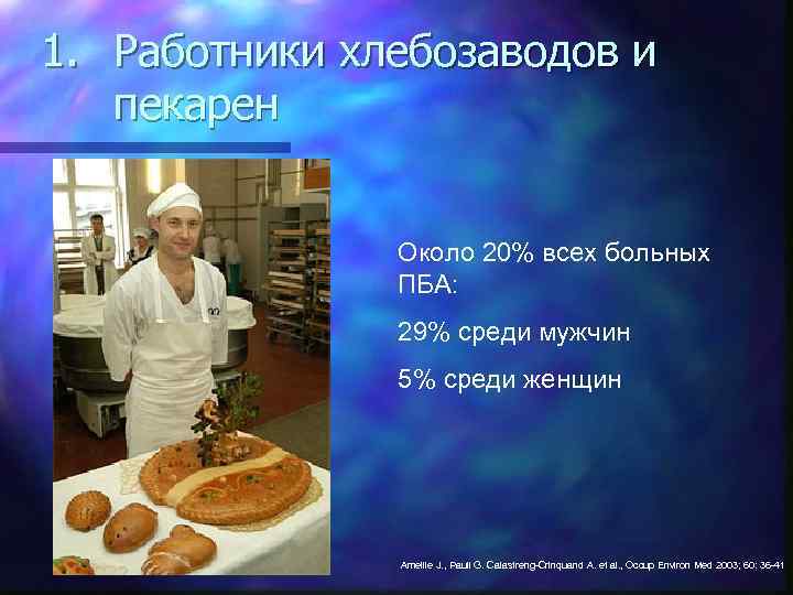 1. Работники хлебозаводов и пекарен Около 20% всех больных ПБА: 29% среди мужчин 5%